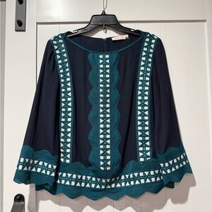 Tory Burch Navy and Teal Patterned Blouse